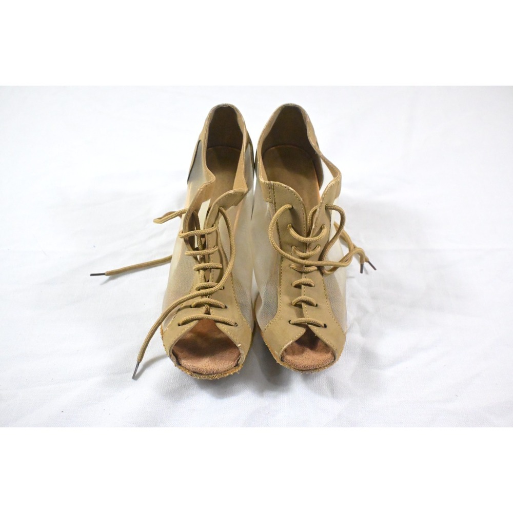 Tan Mesh Lace Up Ballroom Dance Shoes Open Peep Toe Suede Sole Booties Size 8